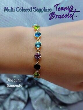 Multi Colored Sapphire Tennis Bracelet 18K Gold Plating 925